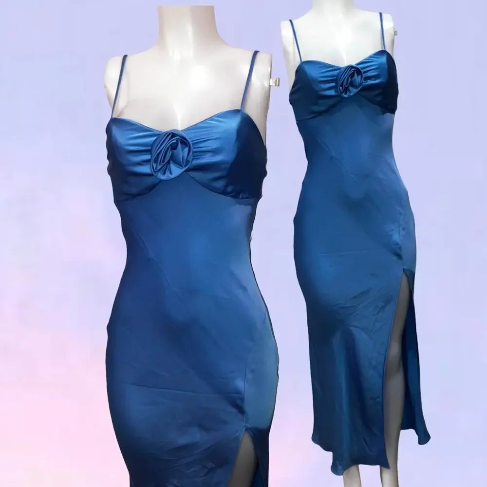Blue satin maxi dress with 3D floral detail